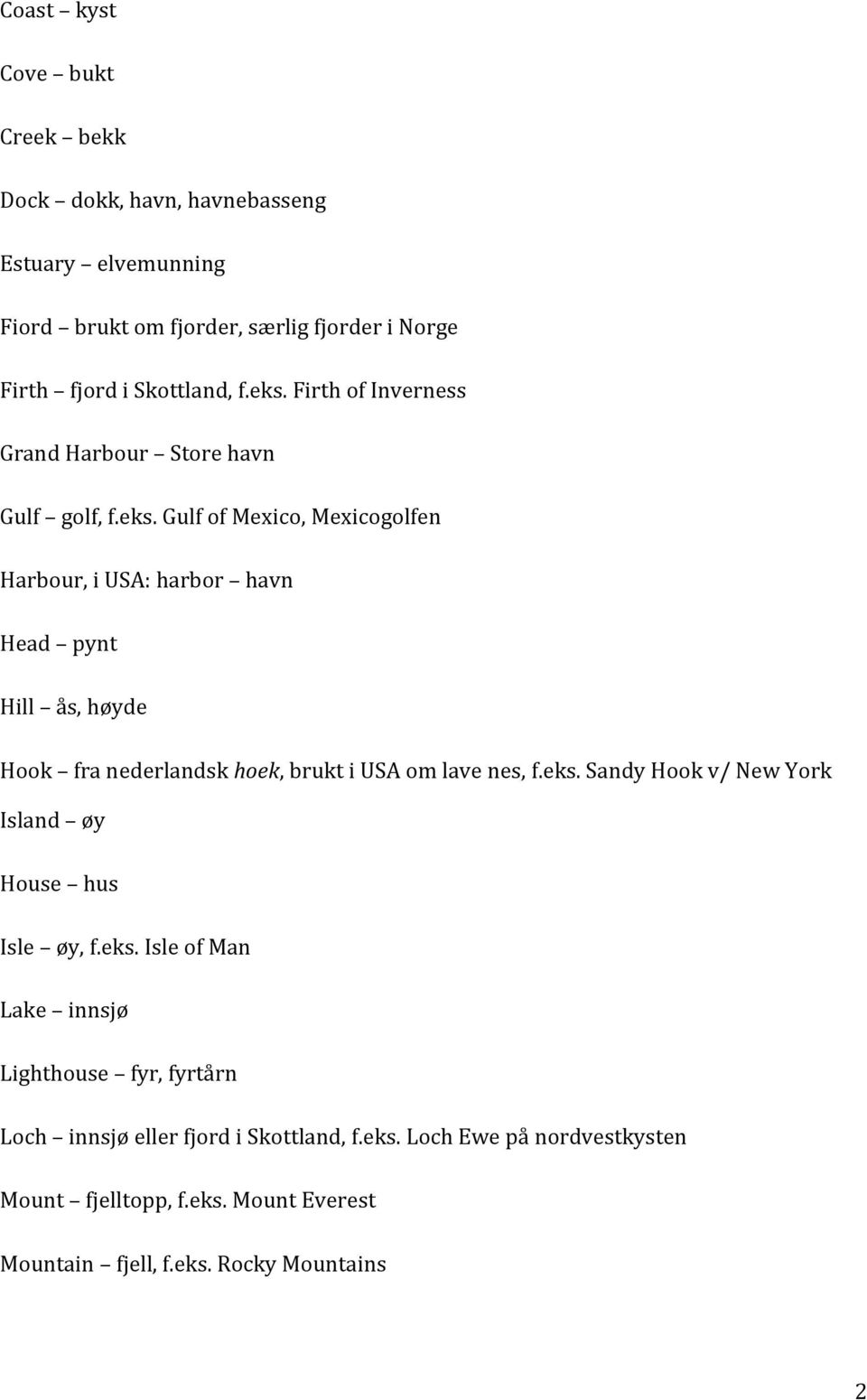 eks. Sandy Hook v/ New York Island øy House hus Isle øy, f.eks. Isle of Man Lake innsjø Lighthouse fyr, fyrtårn Loch innsjø eller fjord i Skottland, f.eks. Loch Ewe på nordvestkysten Mount fjelltopp, f.