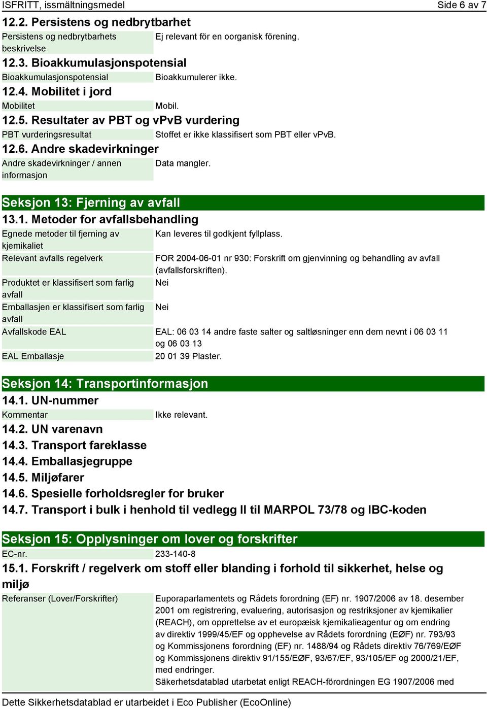 Resultater av PBT og vpvb vurdering PBT vurderingsresultat Stoffet er ikke klassifisert som PBT eller vpvb. 12.6. Andre skadevirkninger Andre skadevirkninger / annen informasjon Data mangler.