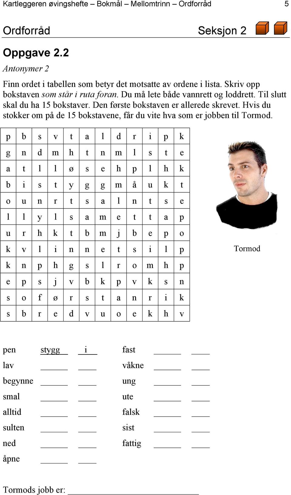 Hvis du stokker om på de 15 bokstavene, får du vite hva som er jobben til Tormod.