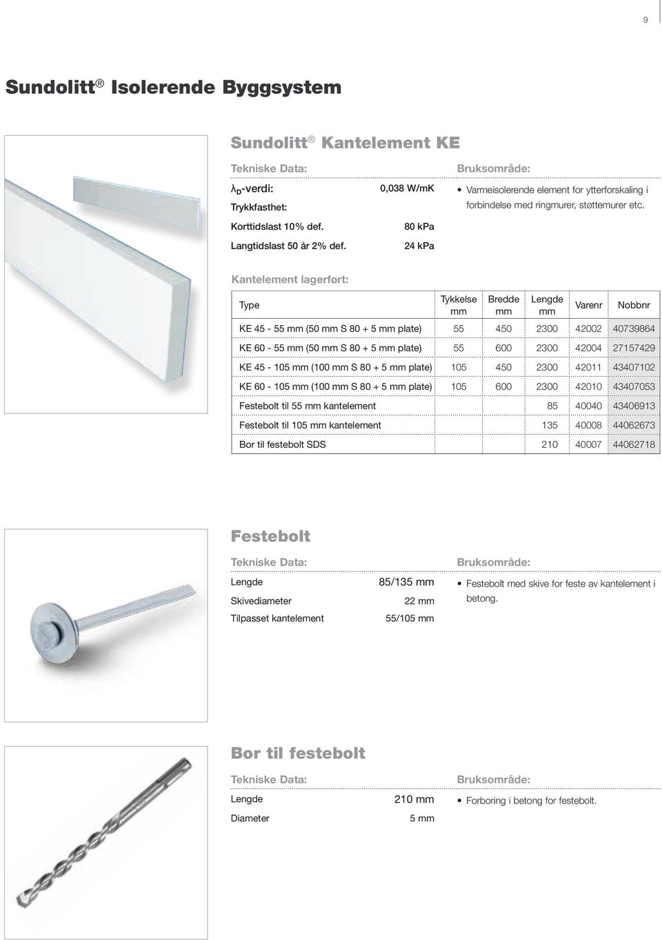 (100 S 80 + 5 plate) 105 450 2300 42011 43407102 KE 60-105 (100 S 80 + 5 plate) 105 600 2300 42010 43407053 Festebolt til 55 kantelement 85 40040 43406913 Festebolt til 105 kantelement 135 40008