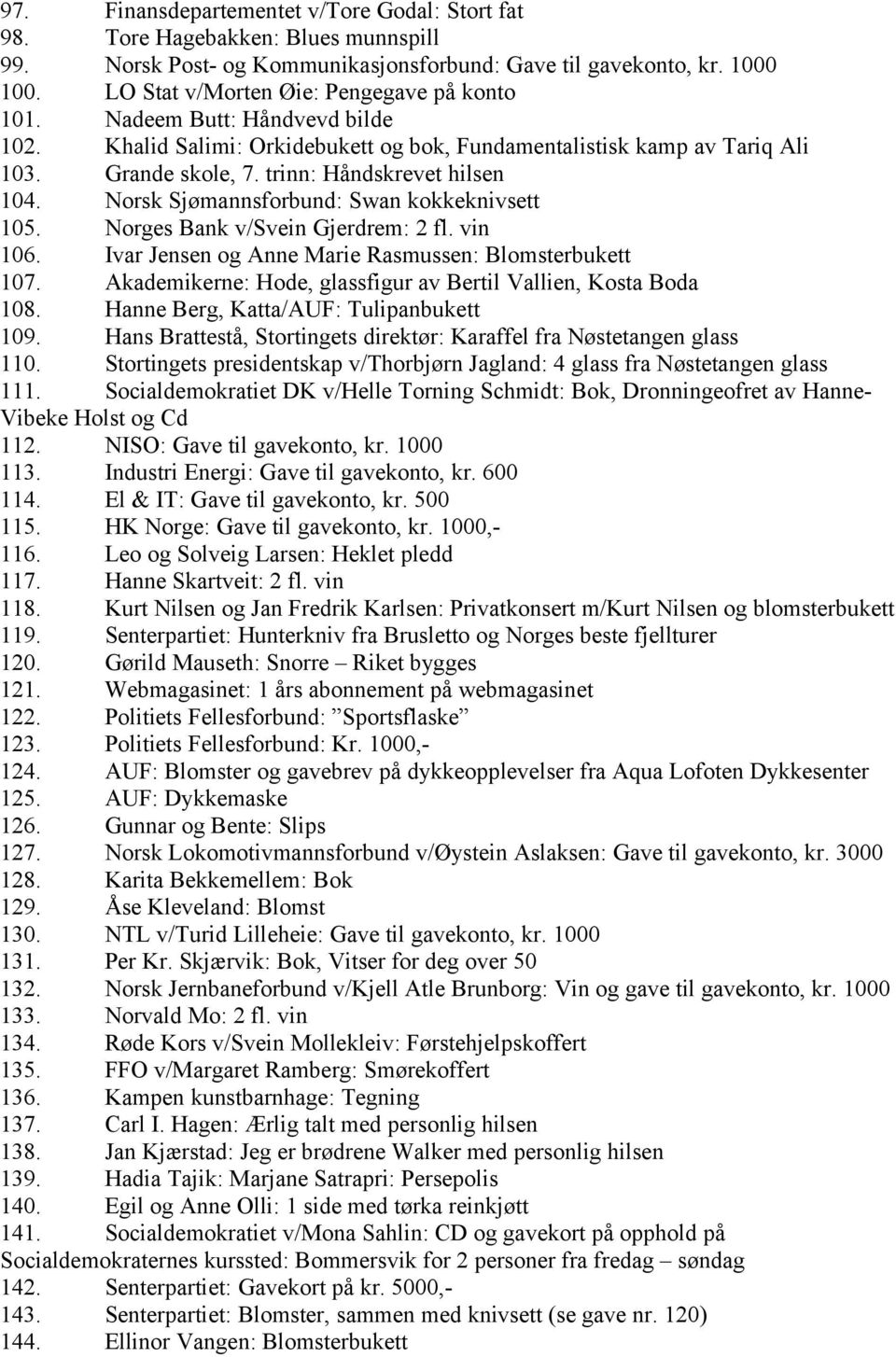 trinn: Håndskrevet hilsen 104. Norsk Sjømannsforbund: Swan kokkeknivsett 105. Norges Bank v/svein Gjerdrem: 2 fl. vin 106. Ivar Jensen og Anne Marie Rasmussen: Blomsterbukett 107.