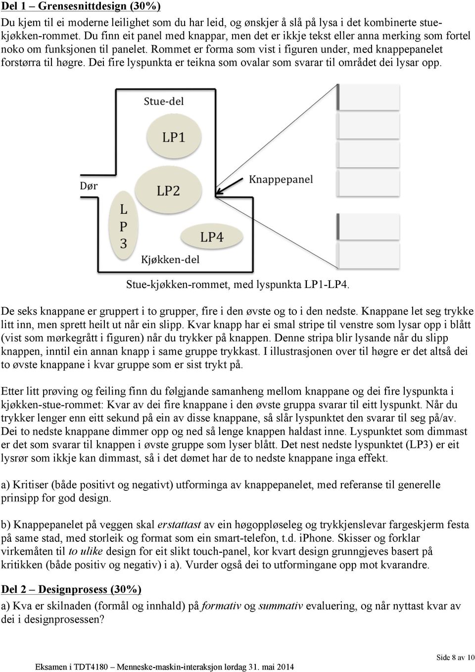 Dei fire lyspunkta er teikna som ovalar som svarar til området dei lysar opp. Stue-kjøkken-rommet, med lyspunkta LP1-LP4.