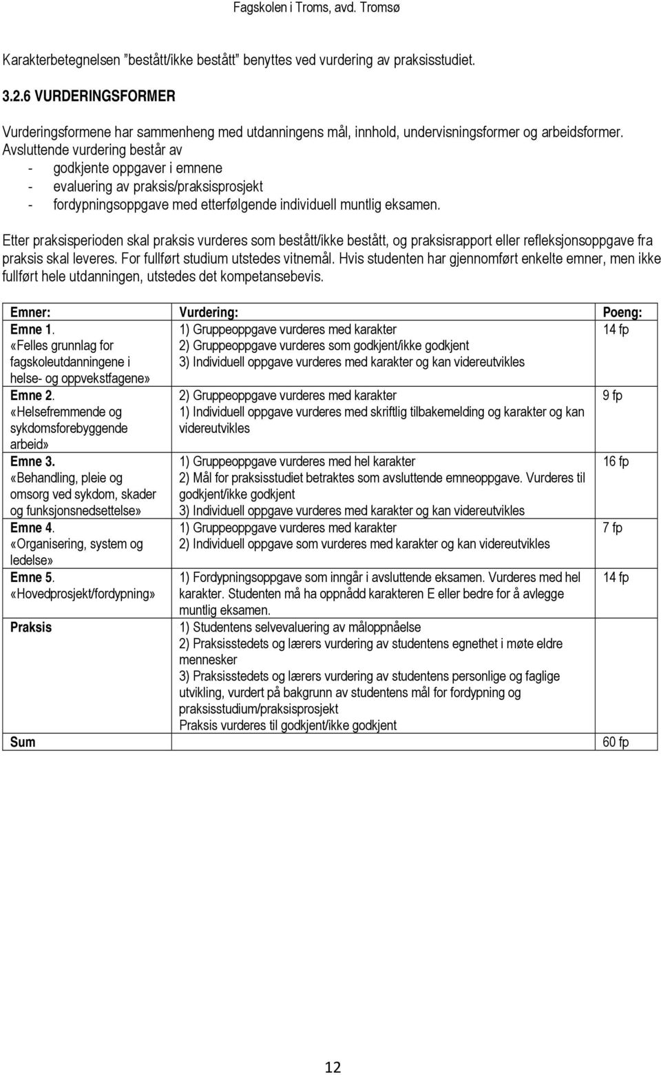 Avsluttende vurdering består av godkjente oppgaver i emnene evaluering av praksis/praksisprosjekt fordypningsoppgave med etterfølgende individuell muntlig eksamen.