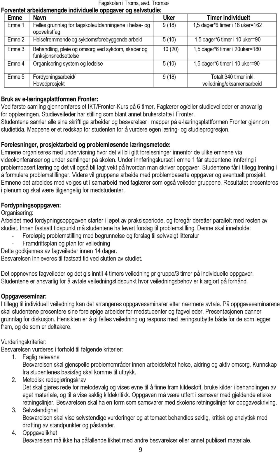 funksjonsnedsettelse Emne 4 Organisering system og ledelse 5 (10) 1,5 dager*6 timer i 10 uker=90 Emne 5 Fordypningsarbeid/ Hovedprosjekt 9 (18) Totalt 340 timer inkl.