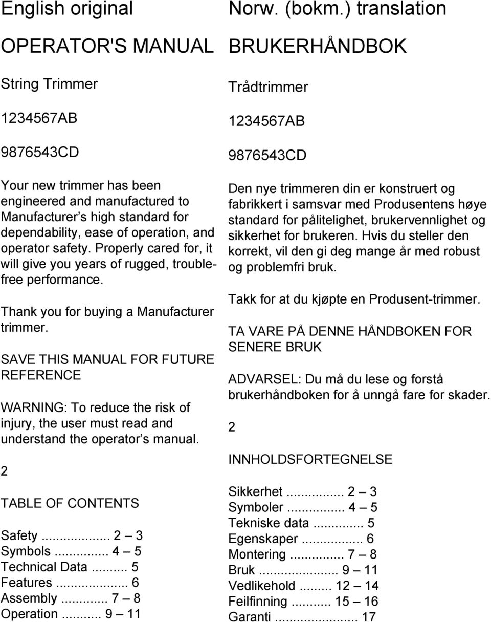 SAVE THIS MANUAL FOR FUTURE REFERENCE WARNING: To reduce the risk of injury, the user must read and understand the operator s manual. 2 TABLE OF CONTENTS Safety... 2 3 Symbols... 4 5 Technical Data.