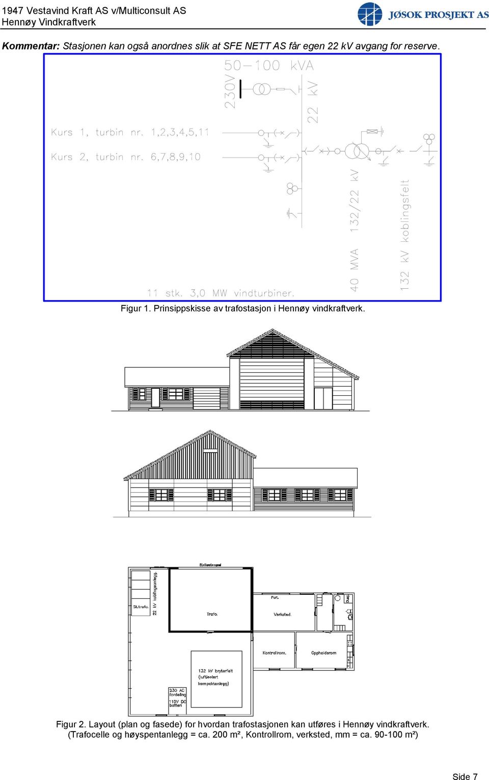 Layout (plan og fasede) for hvordan trafostasjonen kan utføres i Hennøy vindkraftverk.