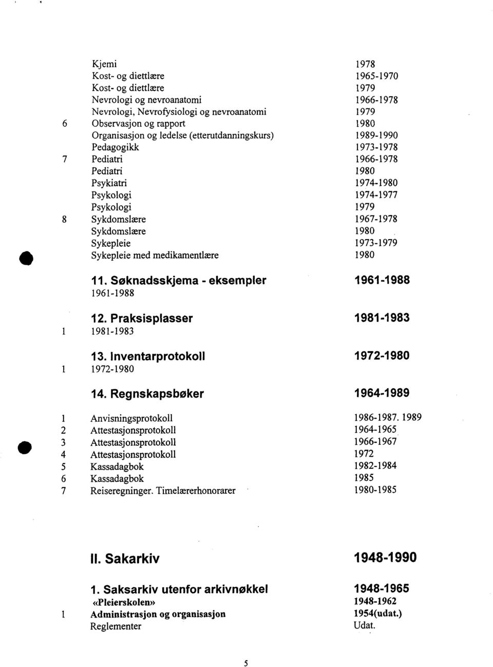 Sykepleie 1973-1979 Sykepleie med medikamentlære 1980 Søknadsskjema - eksempler 1961-1988 Praksisplasser 1 1981-1983 1961-1988 1981-1983 Inventarprotokoll 1972-1980 1 1972-1980 Regnskapsbøker