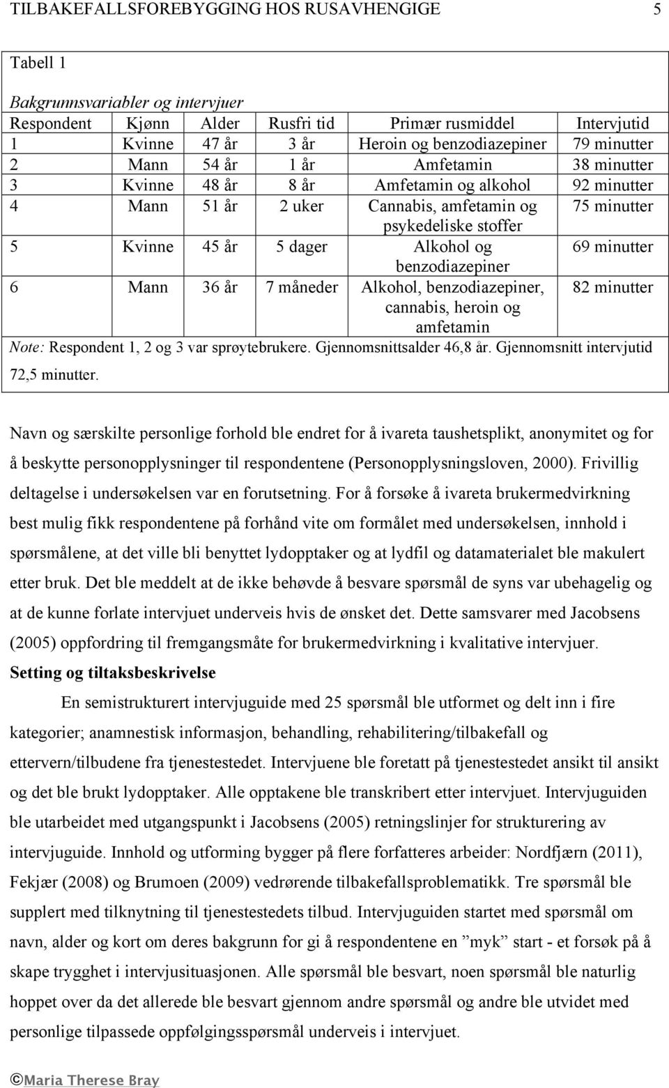 6 Mann 36 år 7 måneder Alkohol, benzodiazepiner, 82 minutter cannabis, heroin og amfetamin Note: Respondent 1, 2 og 3 var sprøytebrukere. Gjennomsnittsalder 46,8 år.