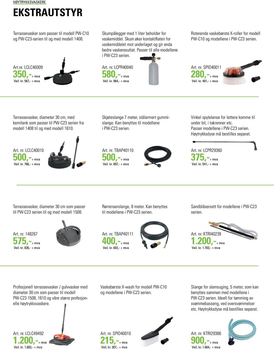 nr. LCPR40040 580,-+ mva Veil. kr. 964,- + mva Roterende vaskebørste X-roller for modell PW-C10 og modellene i PW-C23 serien. Art. nr. SPID40011 280,-+ mva Veil. kr. 401,- + mva Terrassevasker, diameter 30 cm, med kemitank som passer til PW-C23 serien fra modell 1408 til og med modell 1610.
