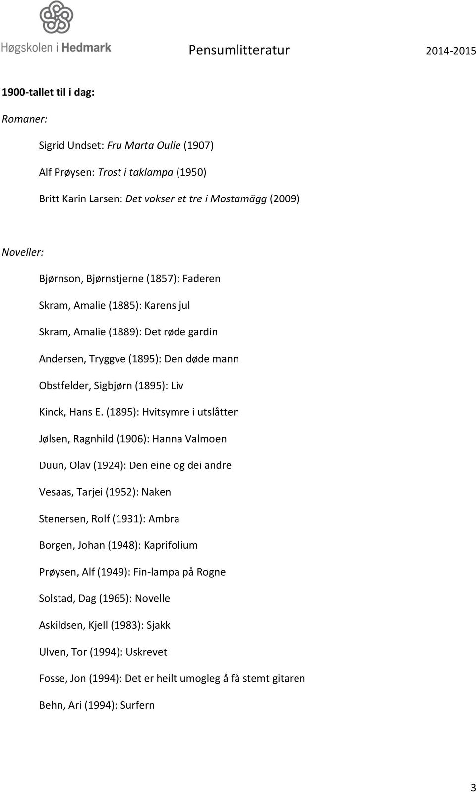 (1895): Hvitsymre i utslåtten Jølsen, Ragnhild (1906): Hanna Valmoen Duun, Olav (1924): Den eine og dei andre Vesaas, Tarjei (1952): Naken Stenersen, Rolf (1931): Ambra Borgen, Johan (1948):