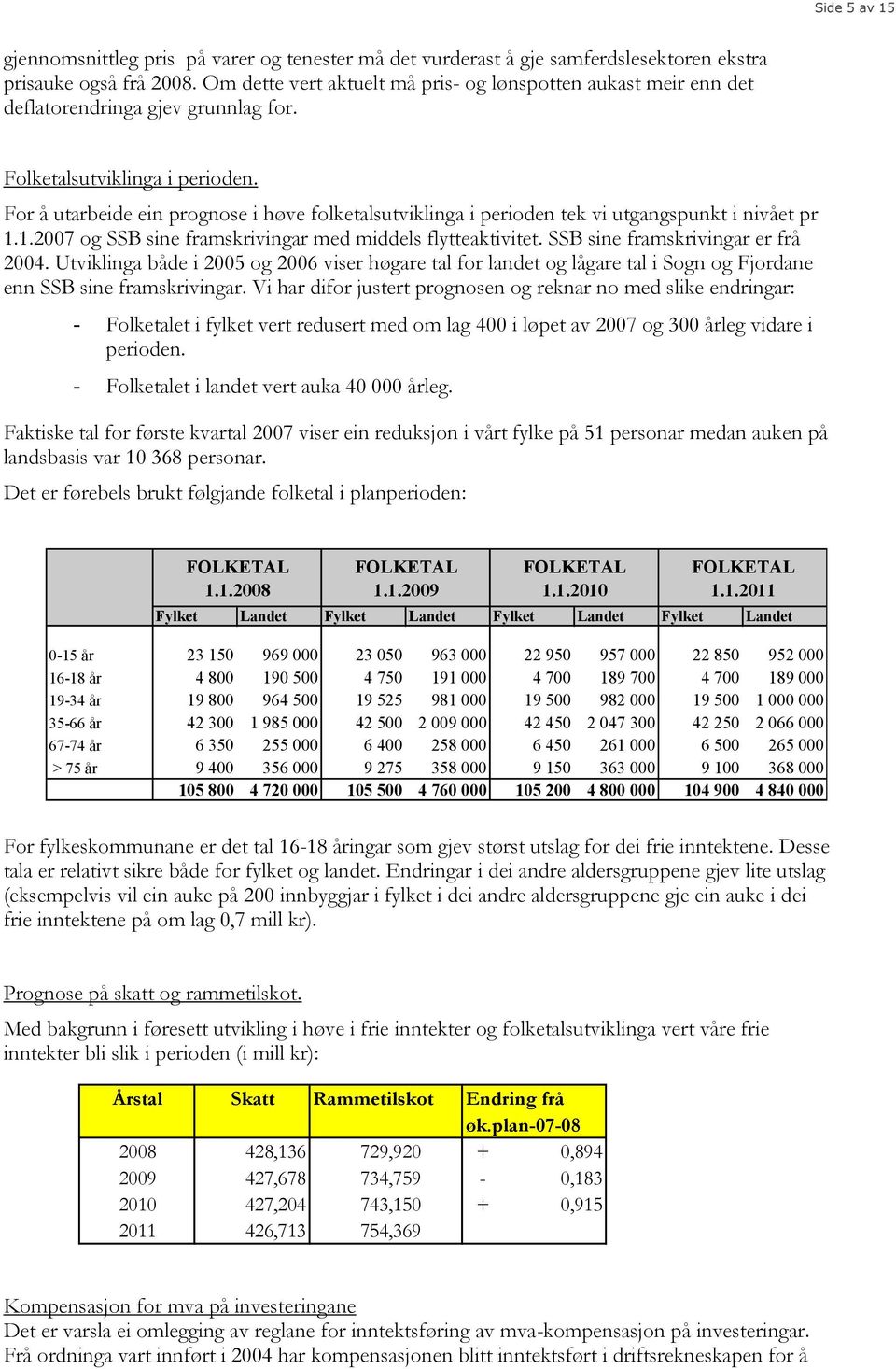 For å utarbeide ein prognose i høve folketalsutviklinga i perioden tek vi utgangspunkt i nivået pr 1.1.2007 og SSB sine framskrivingar med middels flytteaktivitet. SSB sine framskrivingar er frå 2004.