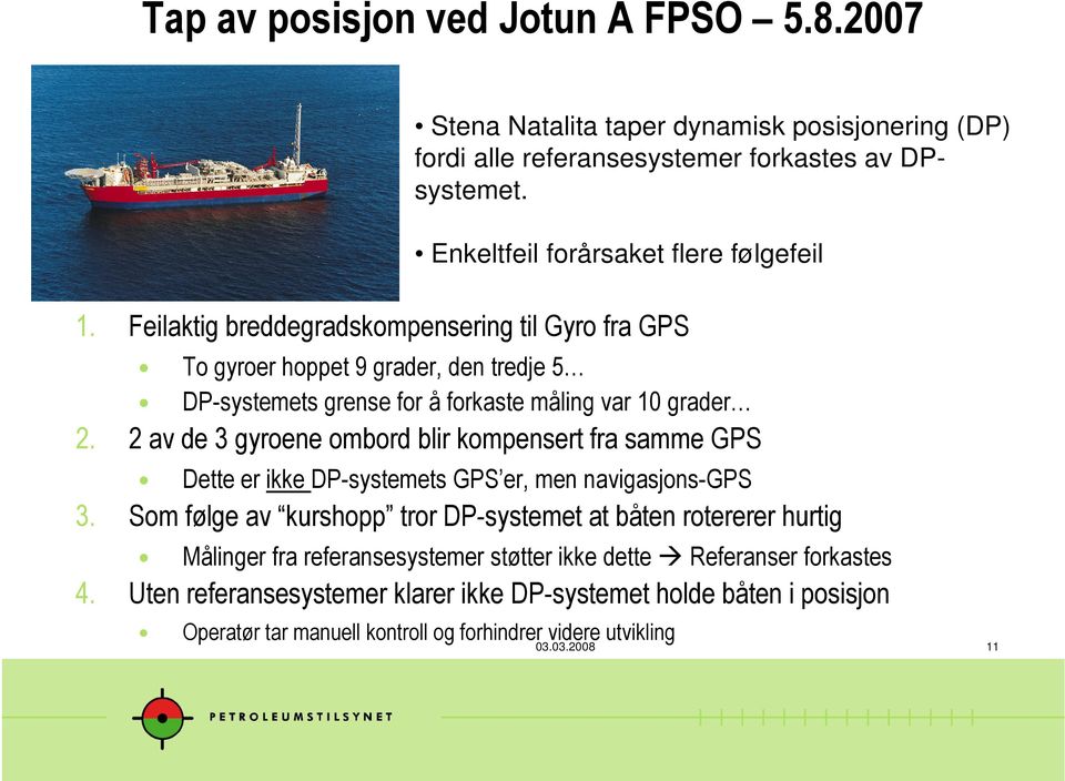 Feilaktig breddegradskompensering til Gyro fra GPS To gyroer hoppet 9 grader, den tredje 5 DP-systemets grense for å forkaste måling var 10 grader 2.