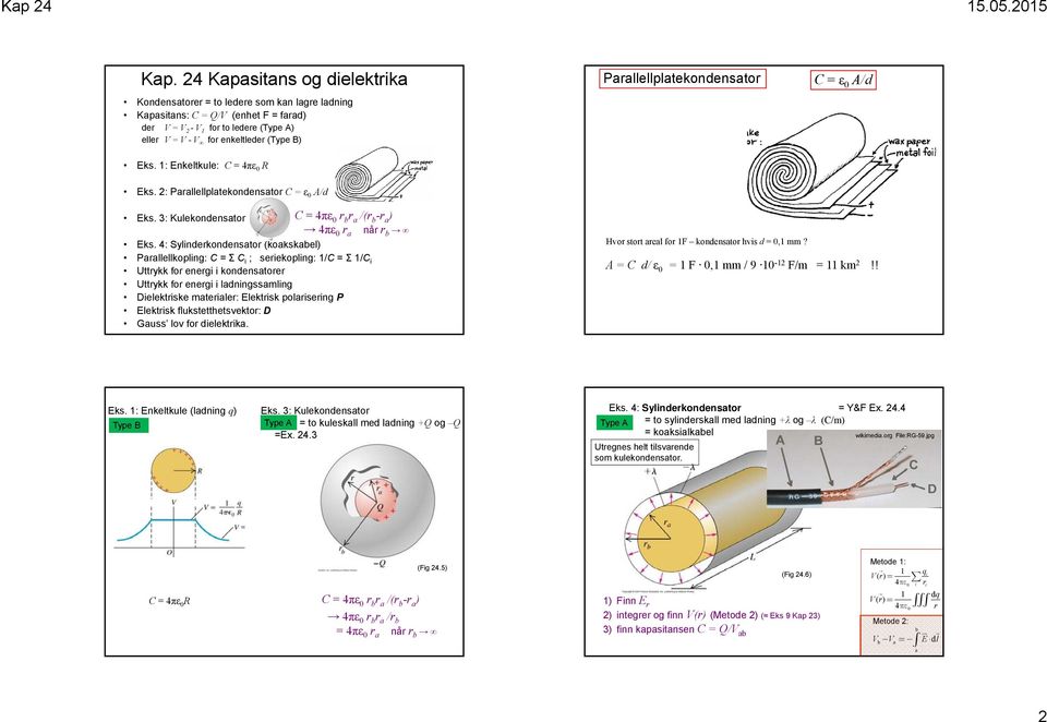 4: Sylinderkondensator (koakskabel) arallellkopling: C = Σ C i ; seriekopling: 1/C = Σ 1/C i Uttrykk for energi i kondensatorer Uttrykk for energi i ladningssamling Dielektriske materialer: Elektrisk