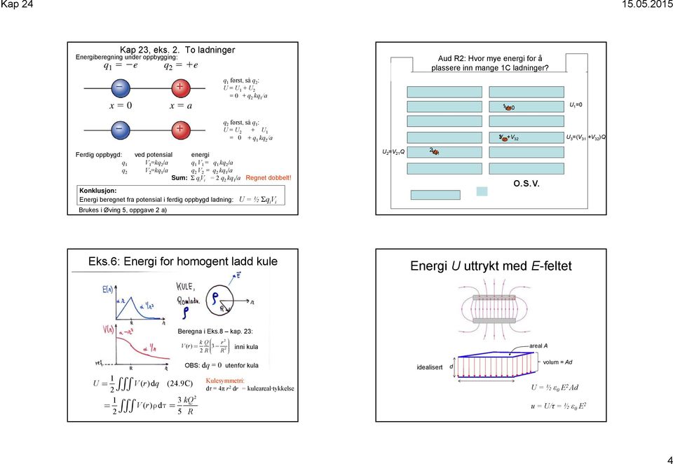 dobbelt! Konklusjon: Energi beregnet fra potensial i ferdig oppbygd ladning: U = ½ Σq i i Brukes i Øving 5, oppgave a) U = 1 Q 1 o.s.v. Eks.