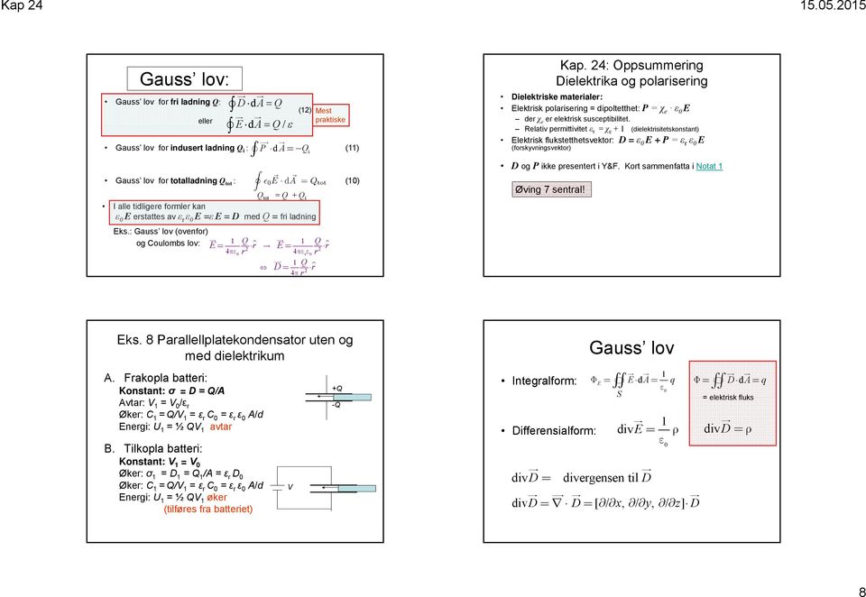 4: Oppsummering Dielektrika og polarisering Dielektriske materialer: Elektrisk polarisering = dipoltetthet: = χ e ε 0 E der χ e er elektrisk susceptibilitet.