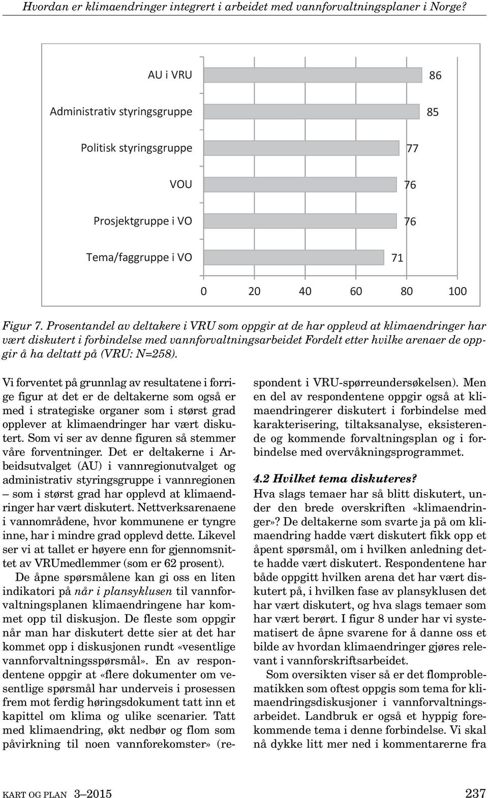 (VRU: N=258). Vi forventet på grunnlag av resultatene i forrige figur at det er de deltakerne som også er med i strategiske organer som i størst grad opplever at klimaendringer har vært diskutert.