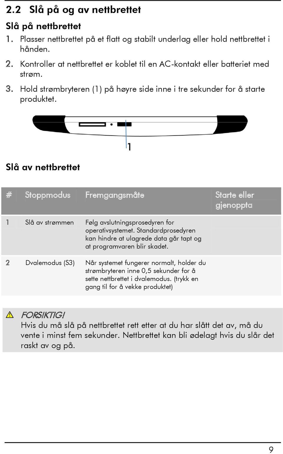 Slå av nettbrettet 1 # Stoppmodus Fremgangsmåte Starte eller gjenoppta 1 Slå av strømmen Følg avslutningsprosedyren for operativsystemet.