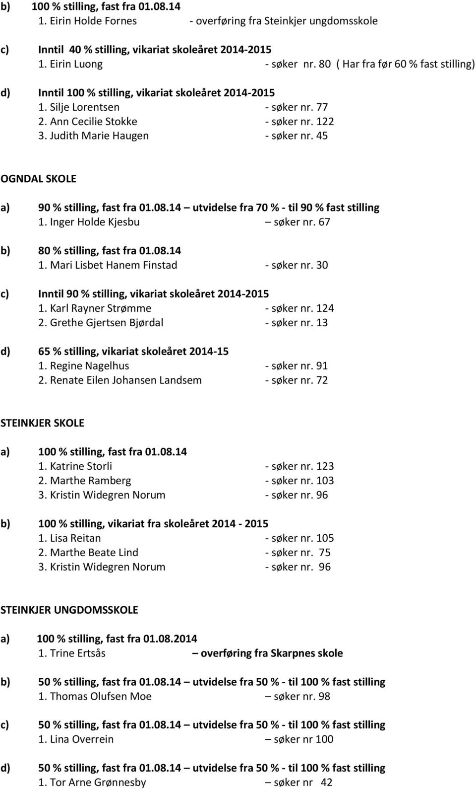 45 OGNDAL SKOLE a) 90 % stilling, fast fra 01.08.14 utvidelse fra 70 % - til 90 % fast stilling 1. Inger Holde Kjesbu søker nr. 67 b) 80 % stilling, fast fra 01.08.14 1.