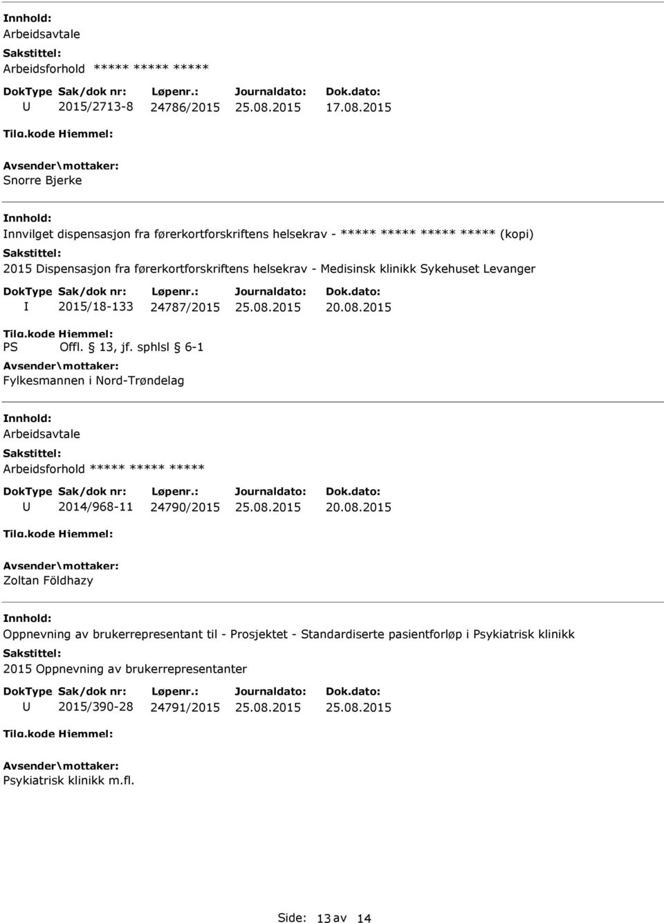 førerkortforskriftens helsekrav - Medisinsk klinikk Sykehuset Levanger 2015/18-133 24787/2015 Fylkesmannen i Nord-Trøndelag Arbeidsforhold *****