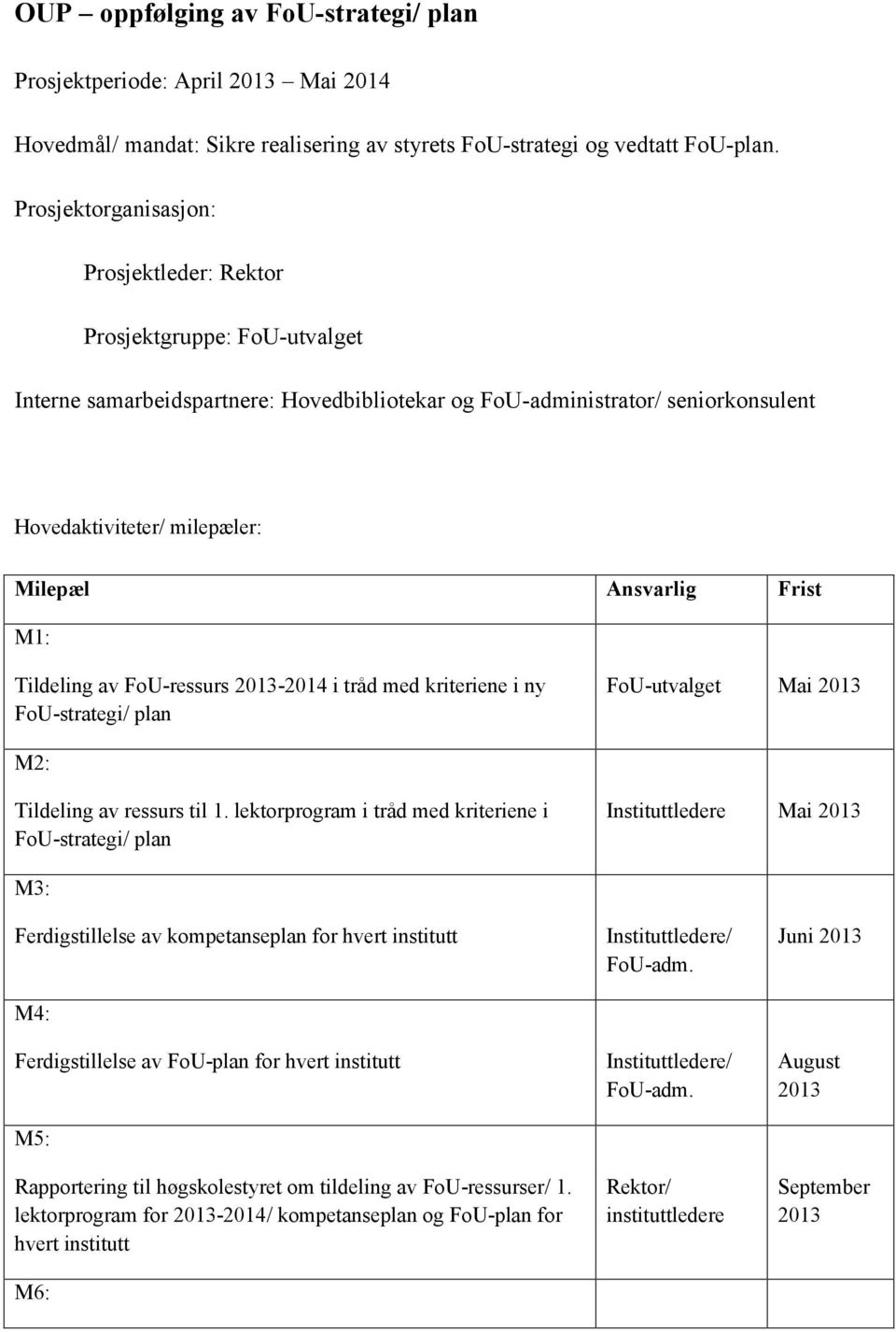 Ansvarlig Frist M1: Tildeling av FoU-ressurs 2013-2014 i tråd med kriteriene i ny FoU-strategi/ plan FoU-utvalget Mai 2013 M2: Tildeling av ressurs til 1.