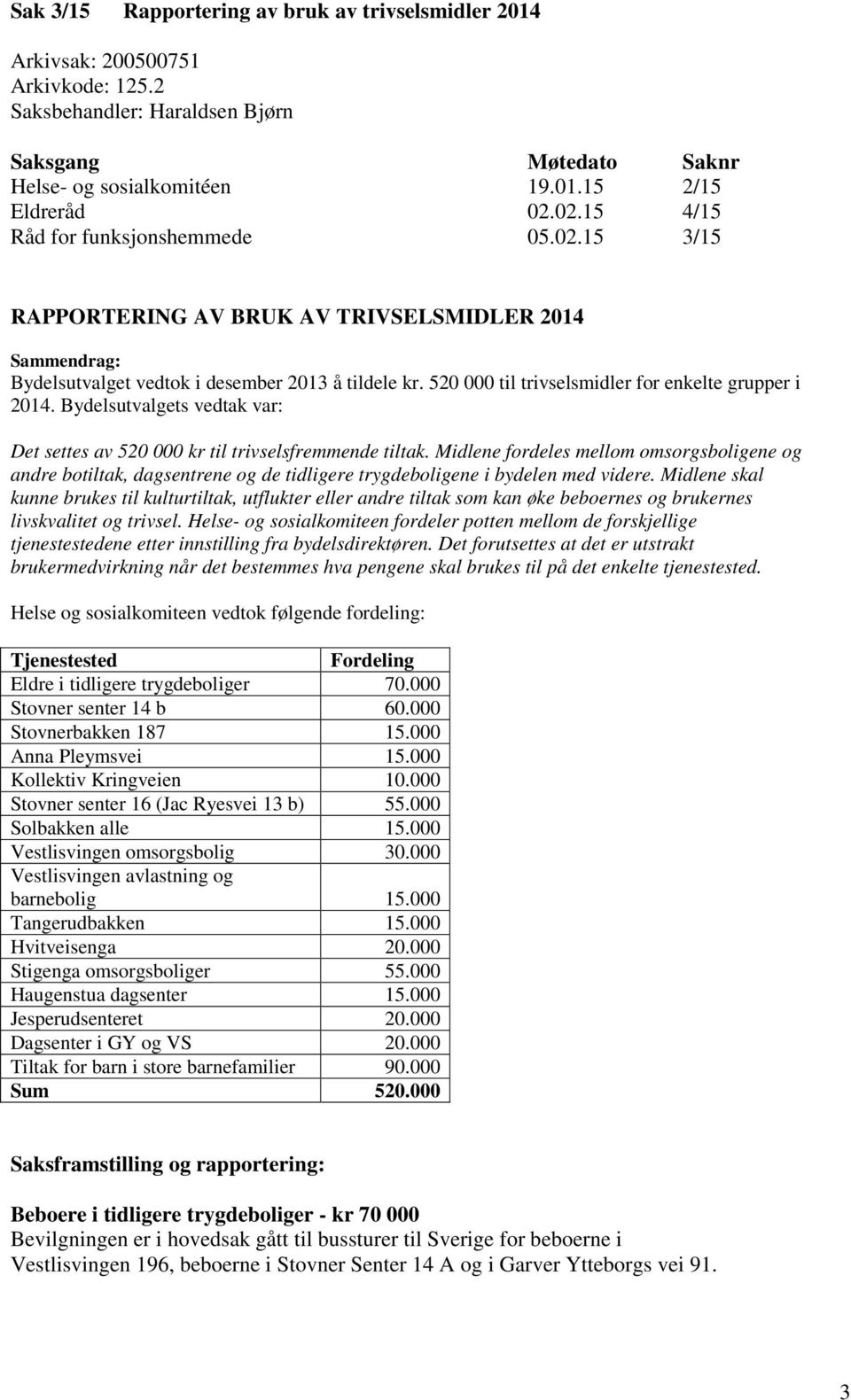 520 000 til trivselsmidler for enkelte grupper i 2014. Bydelsutvalgets vedtak var: Det settes av 520 000 kr til trivselsfremmende tiltak.