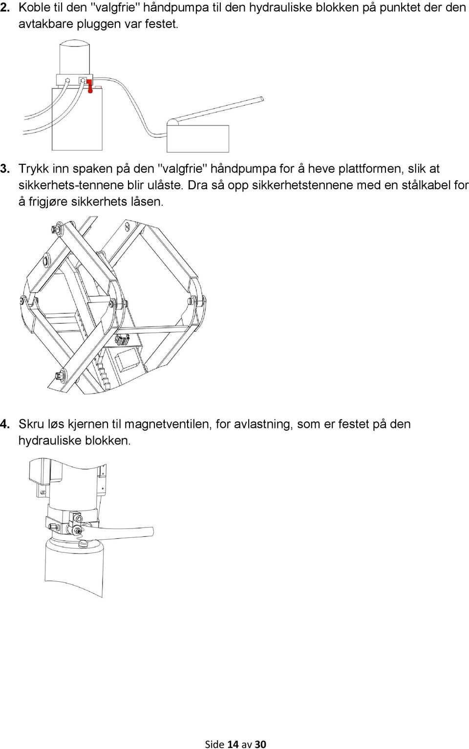 Trykk inn spaken på den "valgfrie" håndpumpa for å heve plattformen, slik at sikkerhets-tennene blir