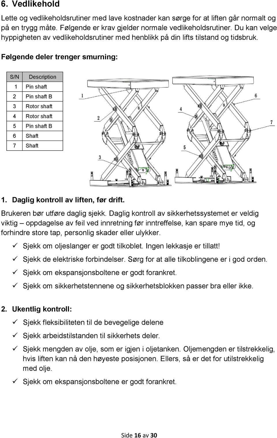 Følgende deler trenger smurning: S/N Description 1 Pin shaft 2 Pin shaft B 3 Rotor shaft 4 Rotor shaft 5 Pin shaft B 6 Shaft 7 Shaft 1. Daglig kontroll av liften, før drift.