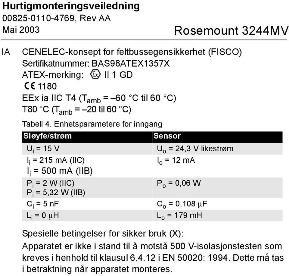 Enhetsparametere for inngang Sløyfe/strøm Sensor U i = 15 V U o = 24,3 V likestrøm I i = 215 ma (IIC) I o = 12 ma I i = 500 ma (IIB) P i = 2 W (IIC) P o =