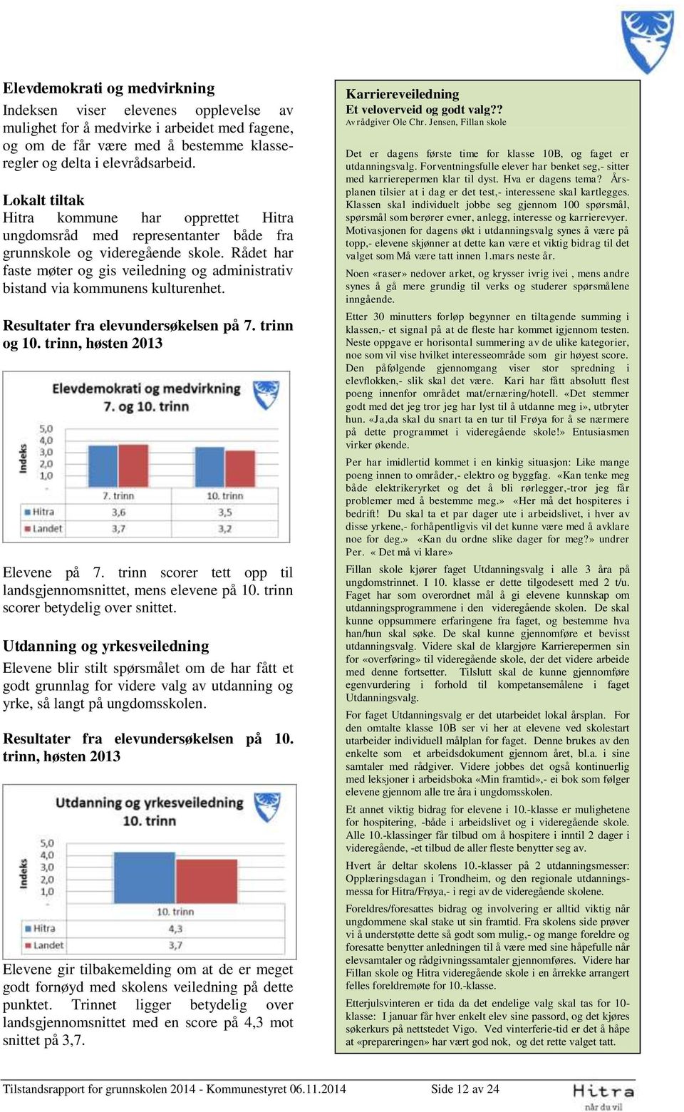 Rådet har faste møter og gis veiledning og administrativ bistand via kommunens kulturenhet. Resultater fra elevundersøkelsen på 7. trinn og 10. trinn, høsten 2013 Elevene på 7.