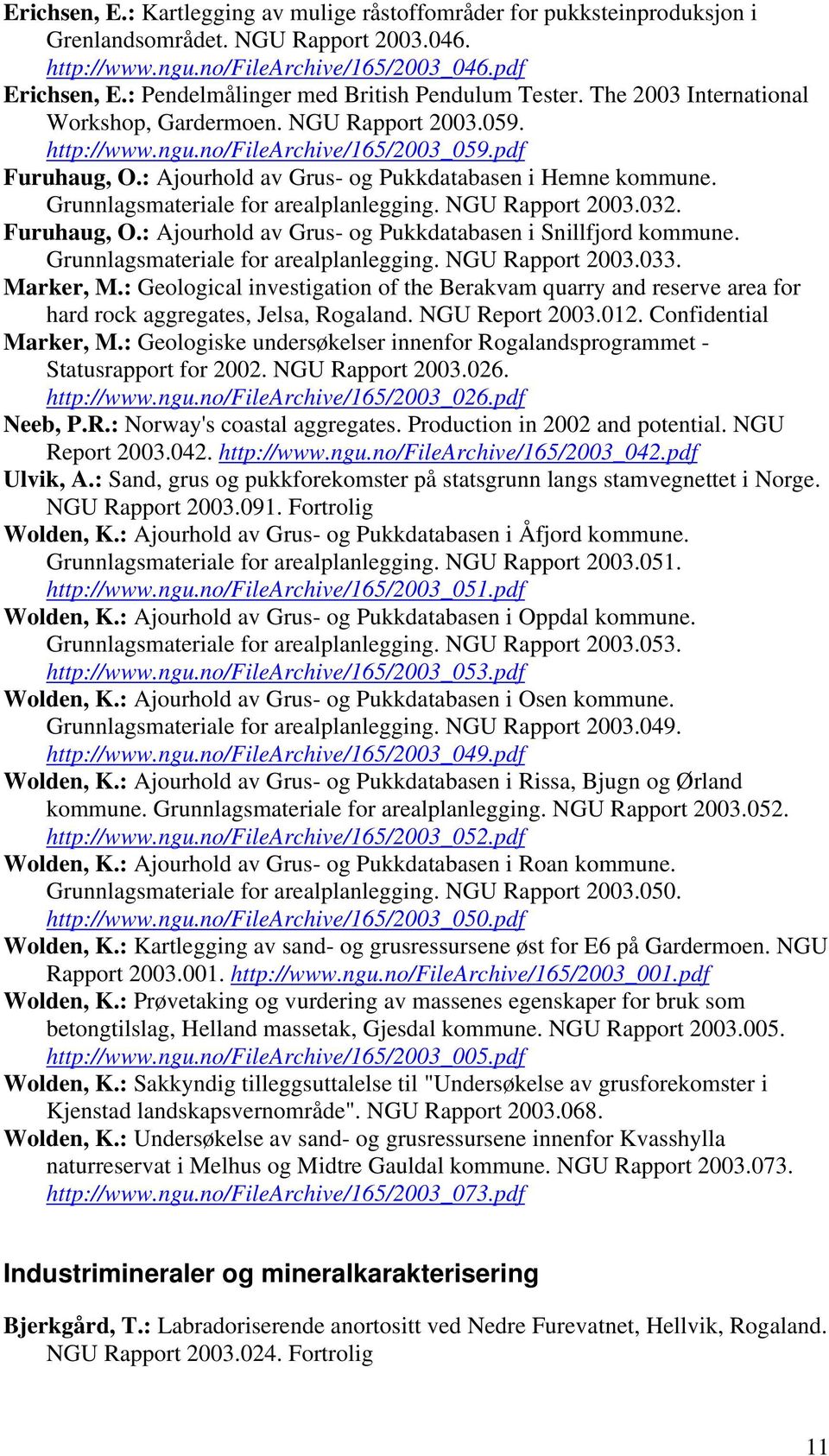 : Ajourhold av Grus- og Pukkdatabasen i Hemne kommune. Grunnlagsmateriale for arealplanlegging. NGU Rapport 2003.032. Furuhaug, O.: Ajourhold av Grus- og Pukkdatabasen i Snillfjord kommune.