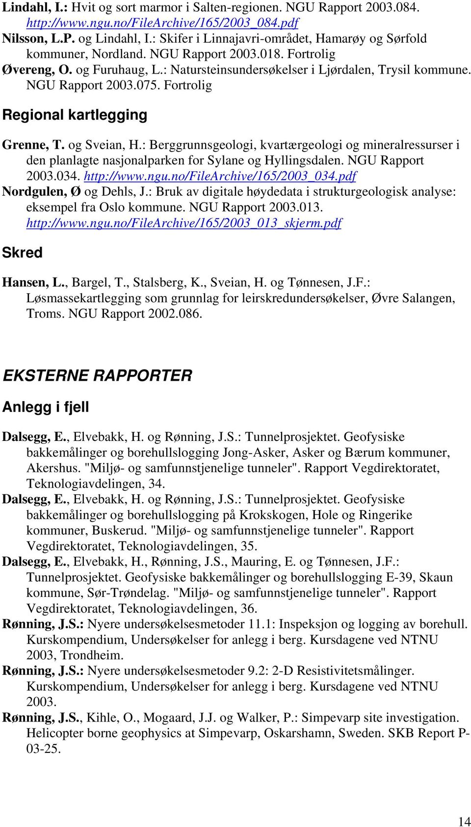 NGU Rapport 2003.075. Fortrolig Regional kartlegging Grenne, T. og Sveian, H.: Berggrunnsgeologi, kvartærgeologi og mineralressurser i den planlagte nasjonalparken for Sylane og Hyllingsdalen.