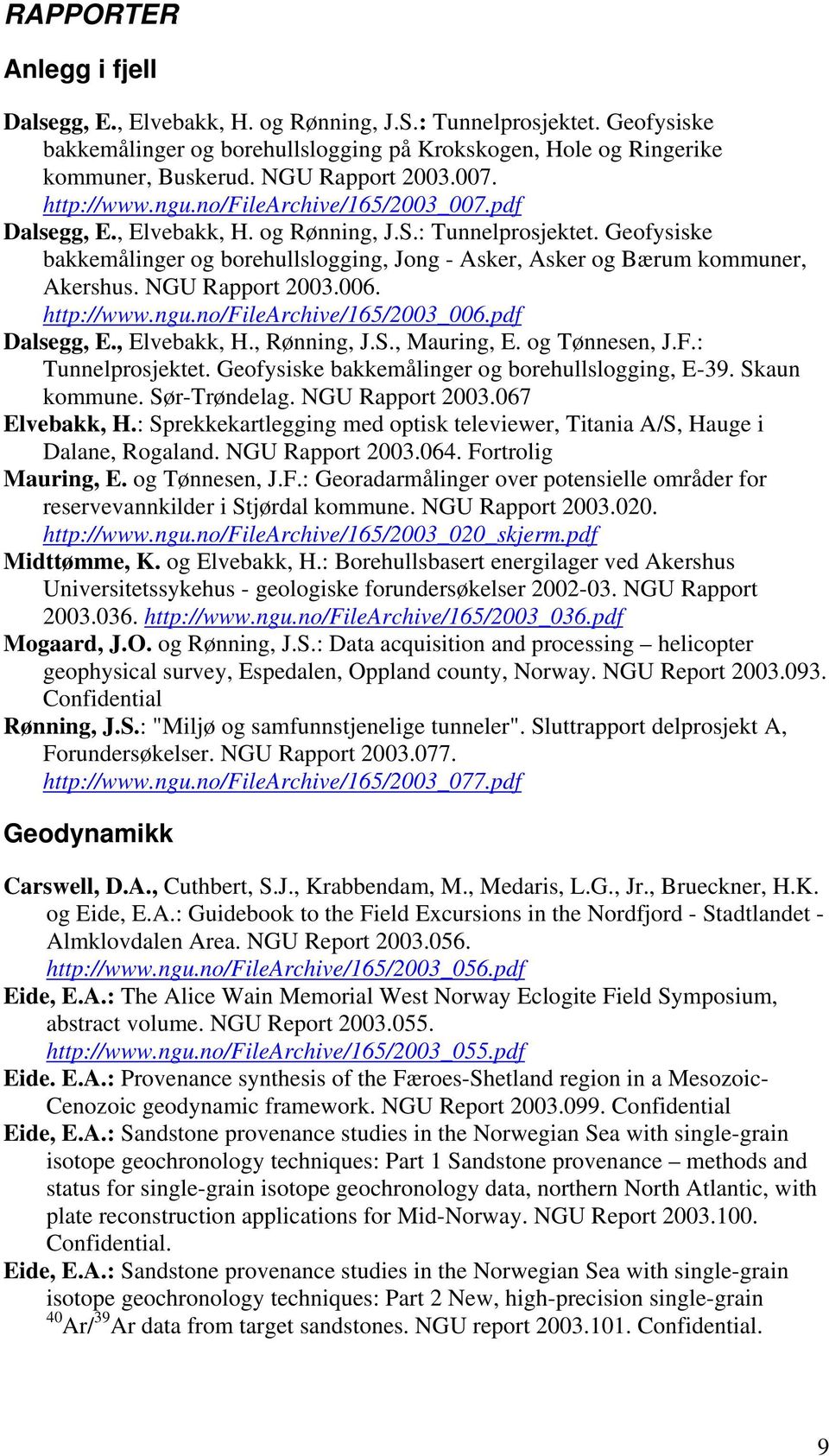 Geofysiske bakkemålinger og borehullslogging, Jong - Asker, Asker og Bærum kommuner, Akershus. NGU Rapport 2003.006. http://www.ngu.no/filearchive/165/2003_006.pdf Dalsegg, E., Elvebakk, H.