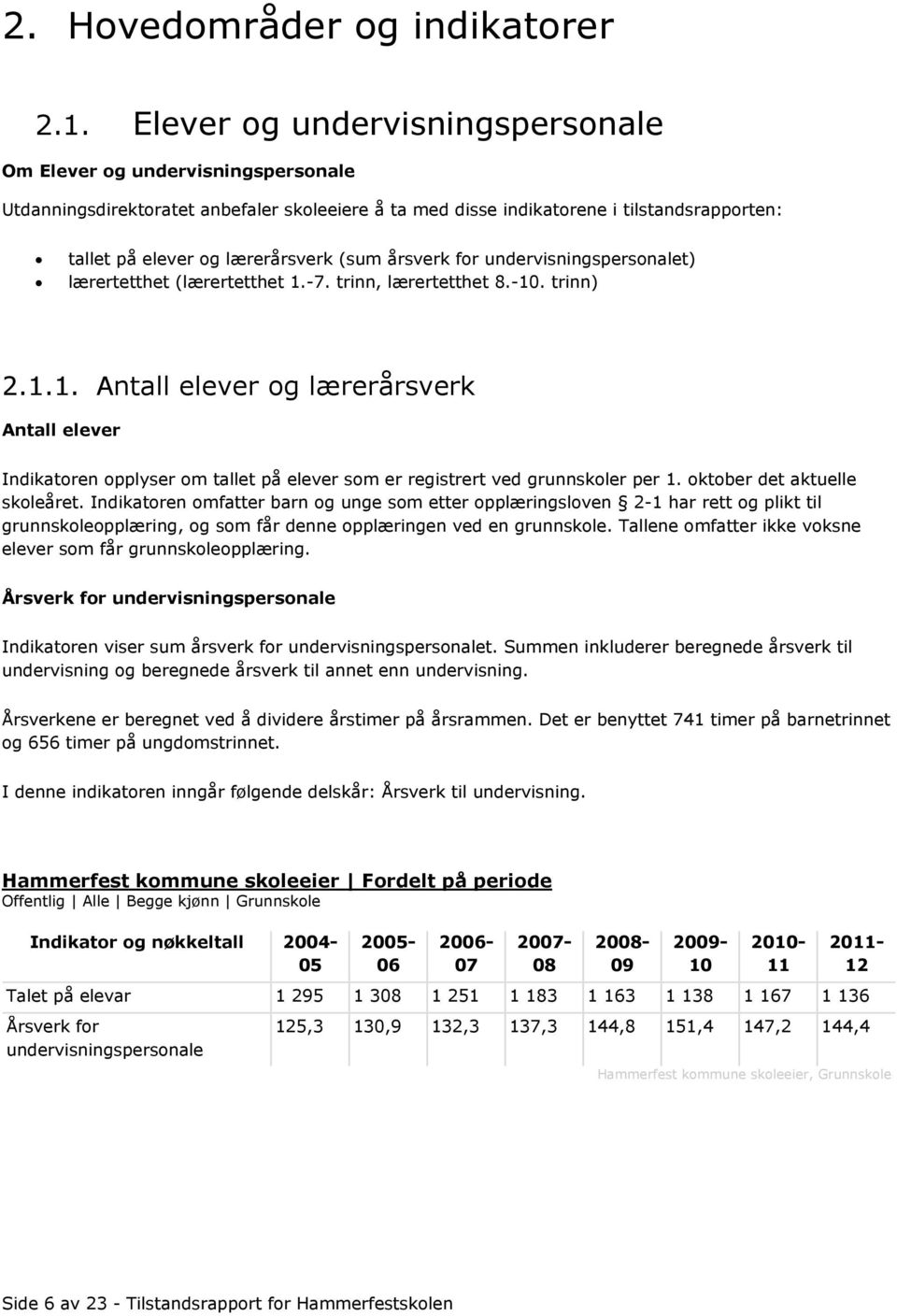 (sum årsverk for undervisningspersonalet) lærertetthet (lærertetthet 1.-7. trinn, lærertetthet 8.-10. trinn) 2.1.1. Antall elever og lærerårsverk Antall elever Indikatoren opplyser om tallet på elever som er registrert ved grunnskoler per 1.