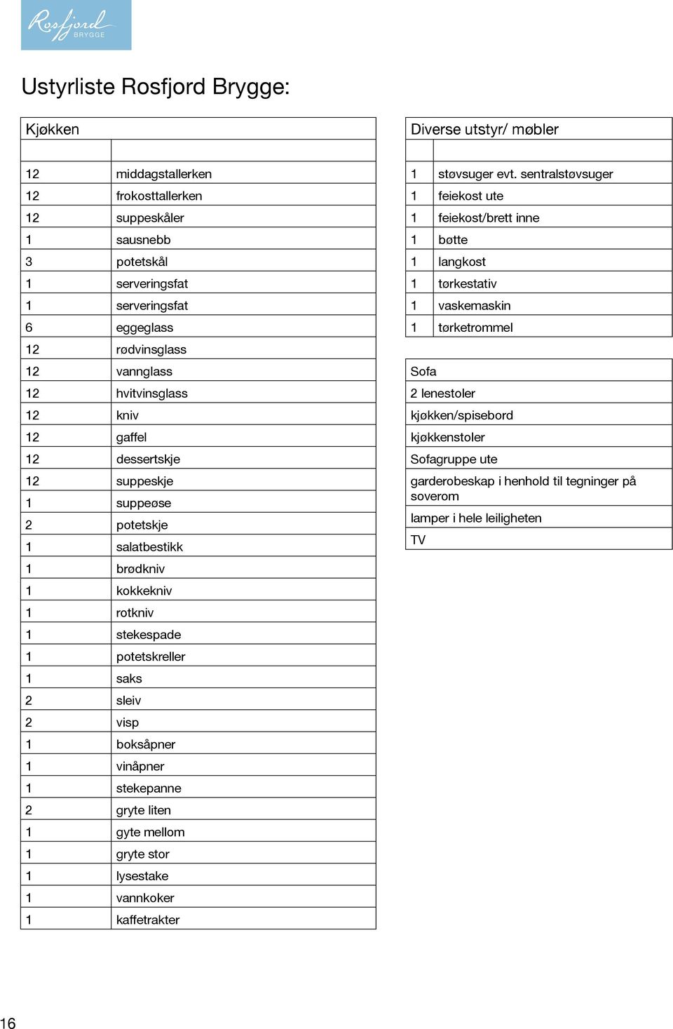 1 boksåpner 1 vinåpner 1 stekepanne 2 gryte liten 1 gyte mellom 1 gryte stor 1 lysestake 1 vannkoker 1 kaffetrakter 1 støvsuger evt.