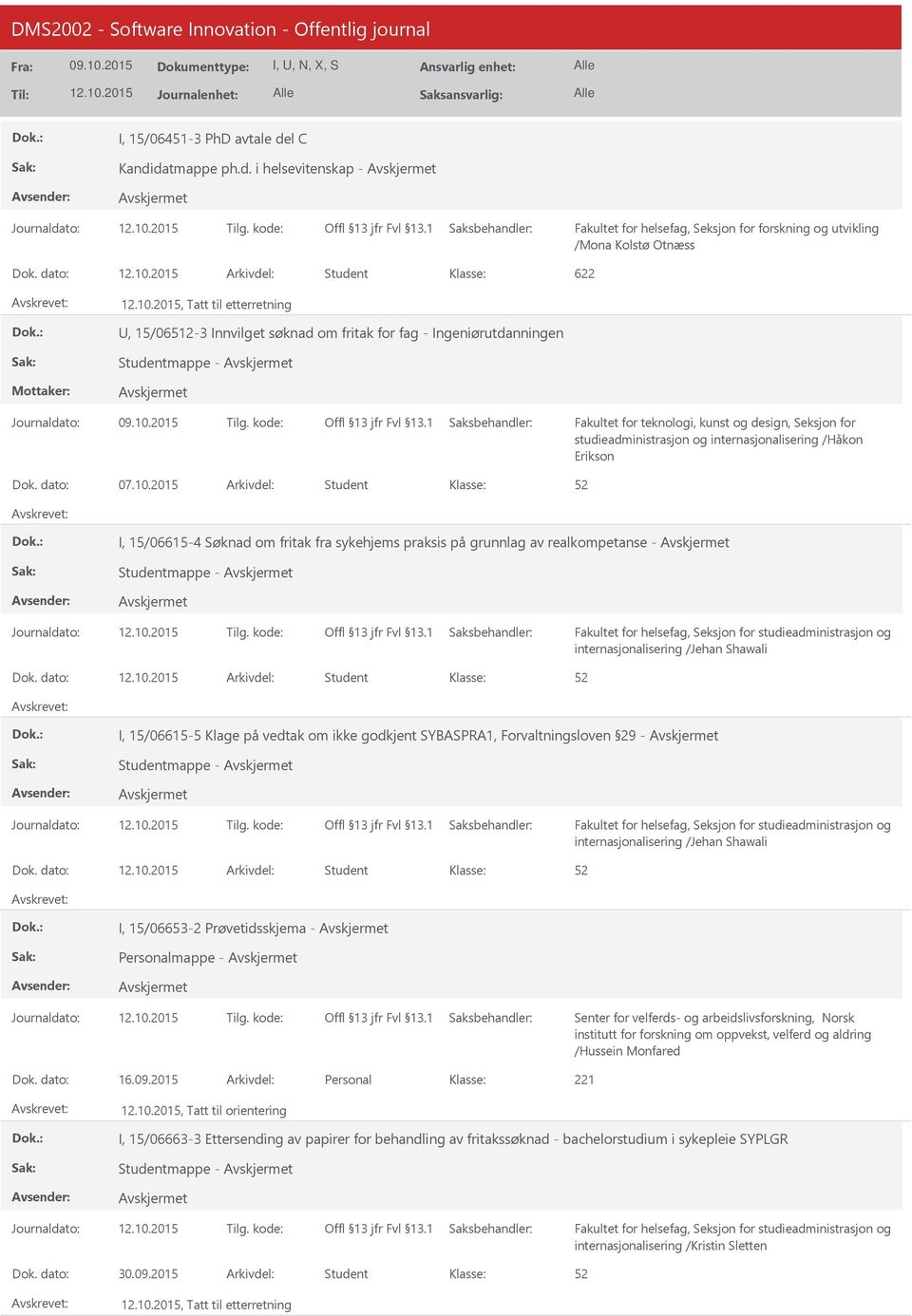 datmappe ph.d. i helsevitenskap - Fakultet for helsefag, Seksjon for forskning og utvikling /Mona Kolstø Otnæss Student 622, Tatt til etterretning, 15/06512-3 Innvilget søknad om fritak for fag -