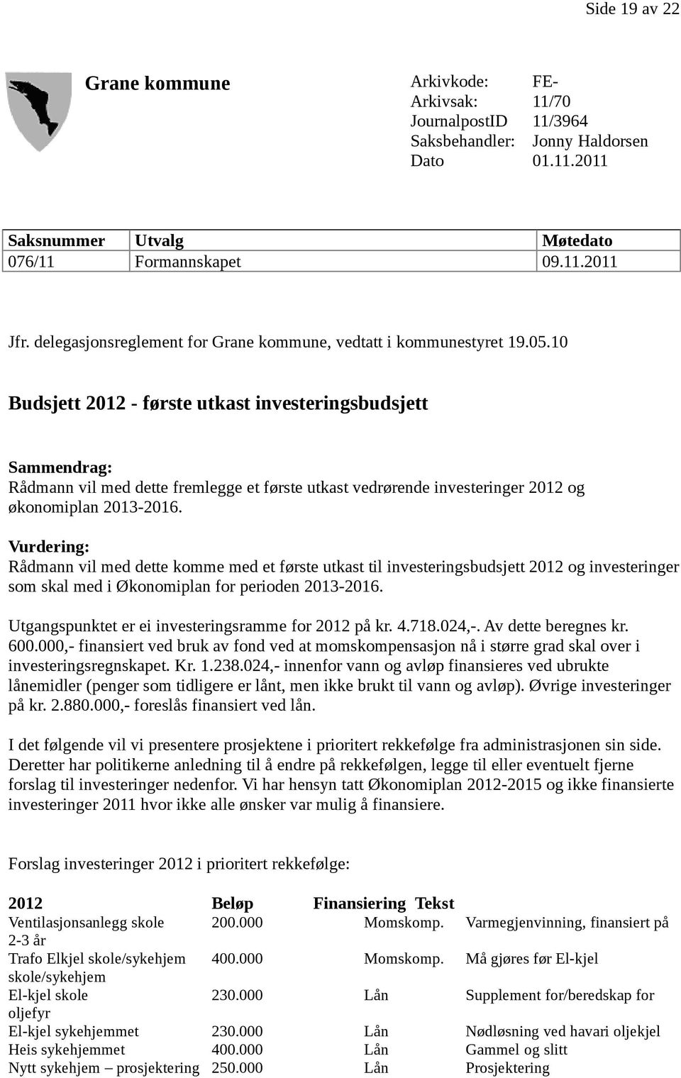 10 Budsjett 2012 - første utkast investeringsbudsjett Sammendrag: Rådmann vil med dette fremlegge et første utkast vedrørende investeringer 2012 og økonomiplan 2013-2016.