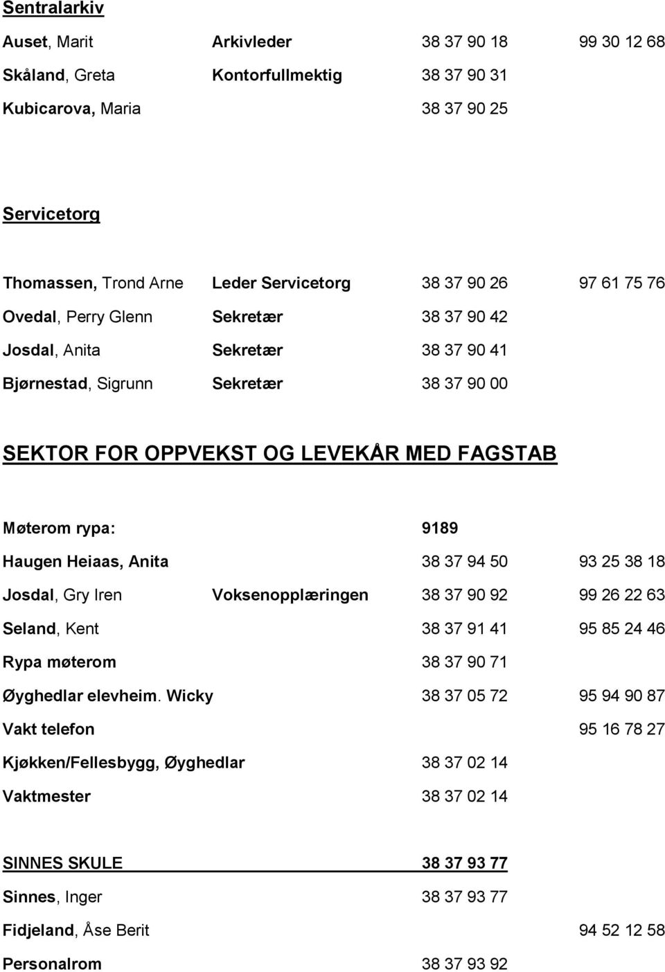 Heiaas, Anita 38 37 94 50 93 25 38 18 Josdal, Gry Iren Voksenopplæringen 38 37 90 92 99 26 22 63 Seland, Kent 38 37 91 41 95 85 24 46 Rypa møterom 38 37 90 71 Øyghedlar elevheim.