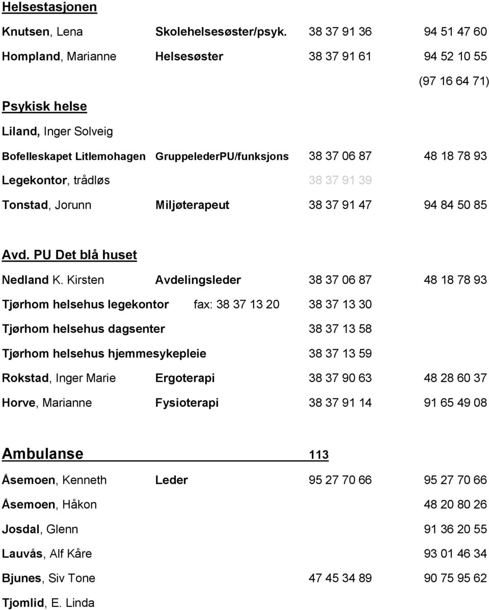 78 93 Legekontor, trådløs 38 37 91 39 Tonstad, Jorunn Miljøterapeut 38 37 91 47 94 84 50 85 Avd. PU Det blå huset Nedland K.