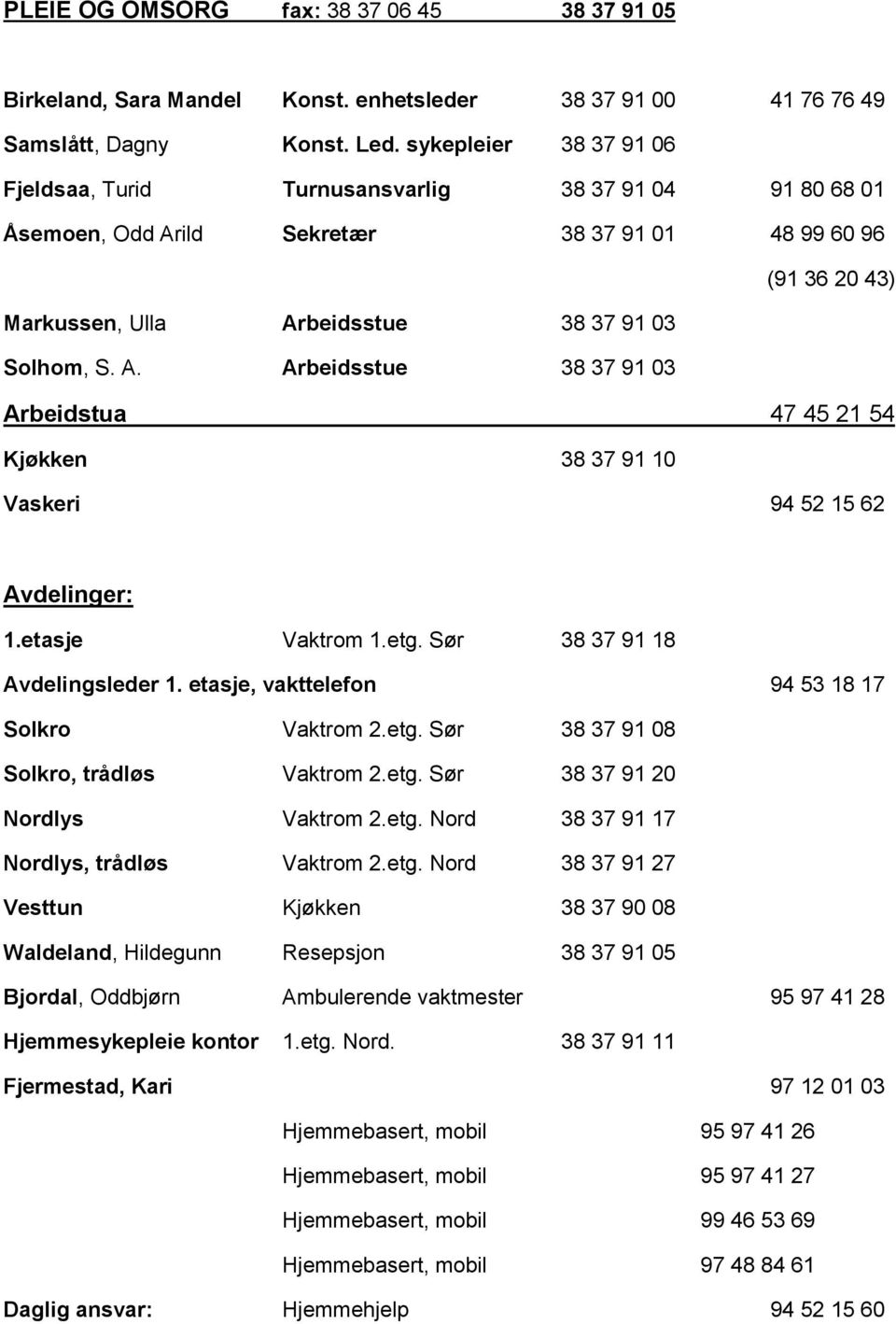 etasje Vaktrom 1.etg. Sør 38 37 91 18 Avdelingsleder 1. etasje, vakttelefon 94 53 18 17 Solkro Vaktrom 2.etg. Sør 38 37 91 08 Solkro, trådløs Vaktrom 2.etg. Sør 38 37 91 20 Nordlys Vaktrom 2.etg. Nord 38 37 91 17 Nordlys, trådløs Vaktrom 2.