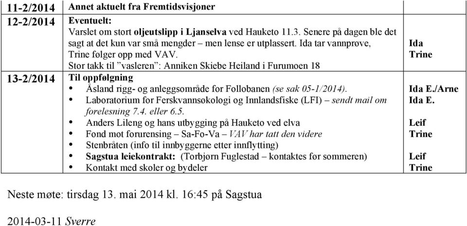 Stor takk til vasleren : Anniken Skiebe Heiland i Furumoen 18 13-2/2014 Til oppfølgning Åsland rigg- og anleggsområde for Follobanen (se sak 05-1/2014).