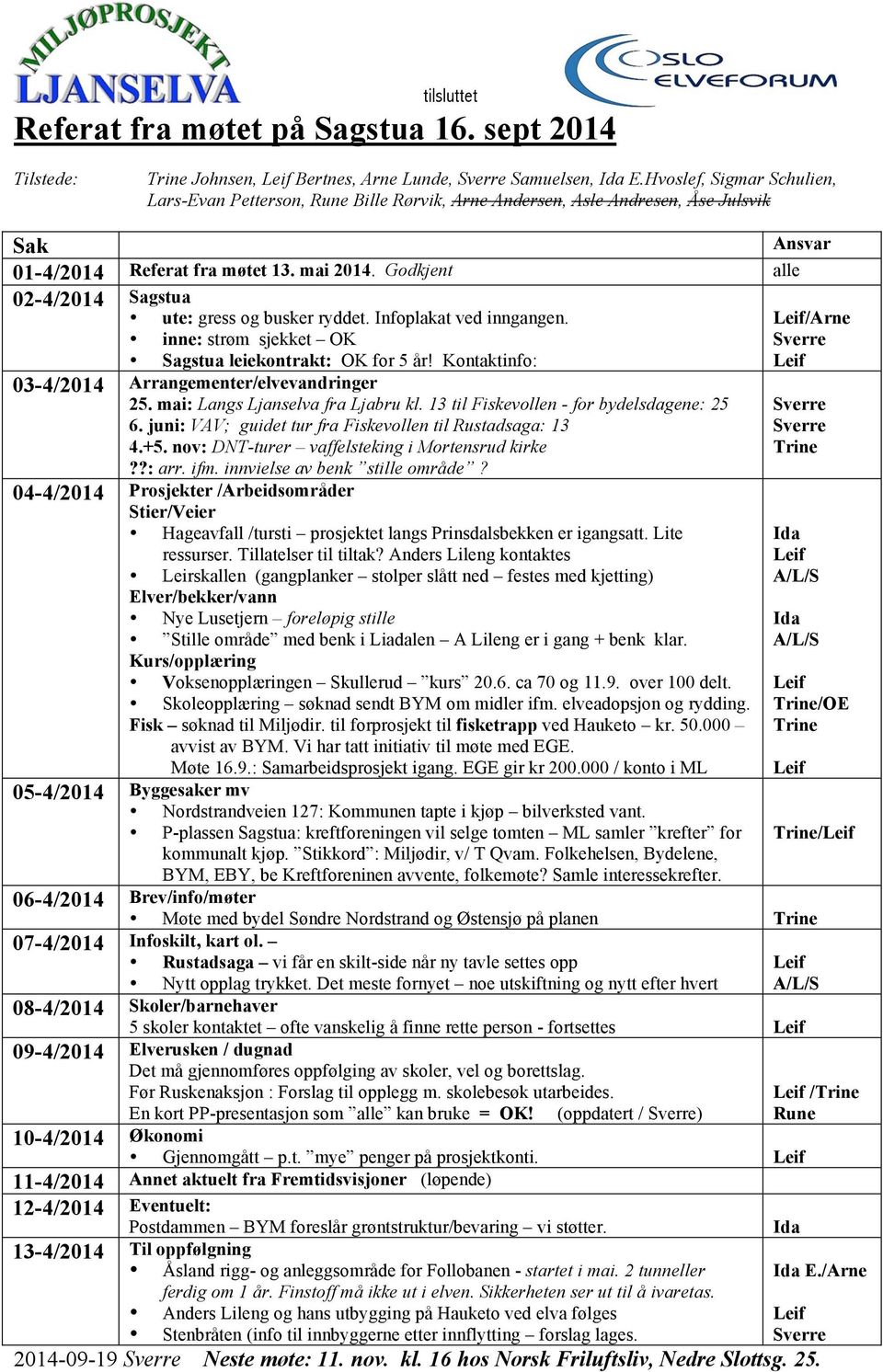 Godkjent alle 02-4/2014 Sagstua ute: gress og busker ryddet. Infoplakat ved inngangen. inne: strøm sjekket OK Sagstua leiekontrakt: OK for 5 år! Kontaktinfo: 03-4/2014 Arrangementer/elvevandringer 25.