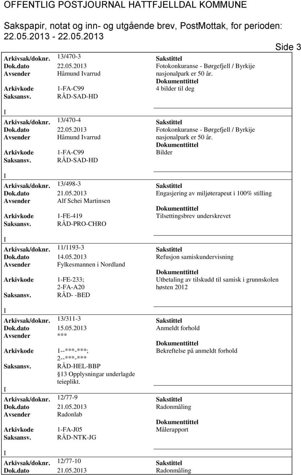 2013 Engasjering av miljøterapeut i 100% stilling Avsender Alf Schei Martinsen Arkivkode 1-FE-419 Tilsettingsbrev underskrevet Saksansv. RÅD-PRO-CHRO Arkivsak/doknr. 11/1193-3 Sakstittel Dok.dato 14.