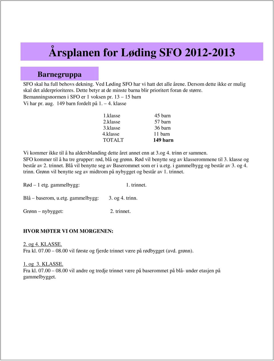 klasse TOTALT 45 barn 57 barn 36 barn 11 barn 149 barn Vi kommer ikke til å ha aldersblanding dette året annet enn at 3.og 4. trinn er sammen. SFO kommer til å ha tre grupper: rød, blå og grønn.