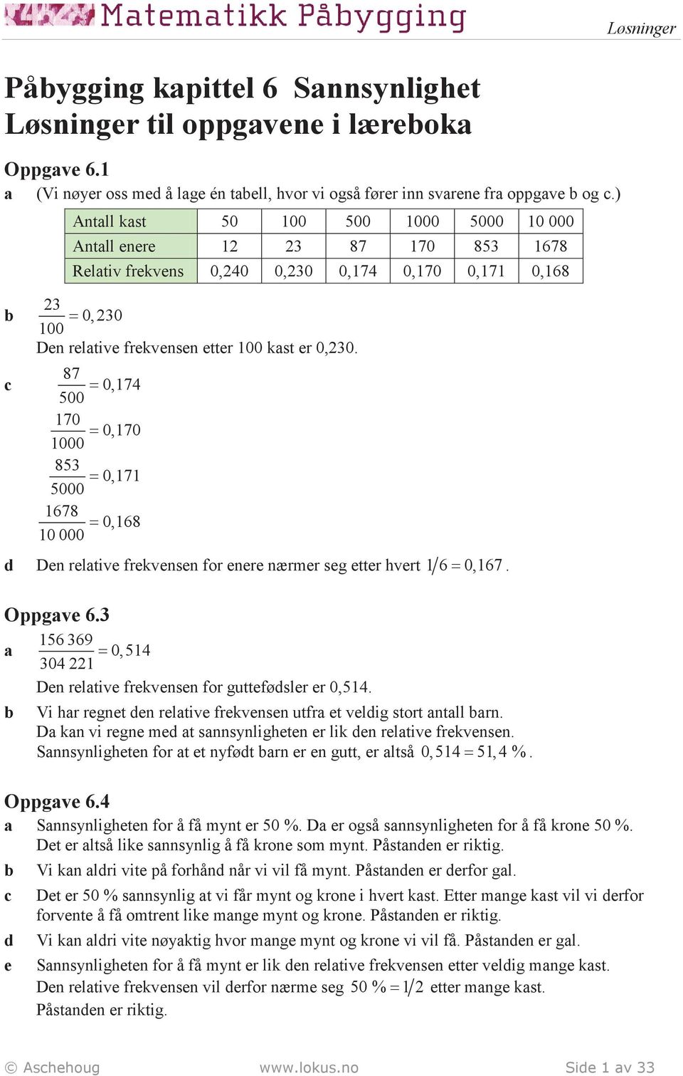 87 = 0,174 500 170 = 0,170 1000 853 = 0,171 5000 1678 = 0,168 10 000 Den reltive frekvensen for enere nærmer seg etter hvert 1 6 = 0,167. Oppgve 6.