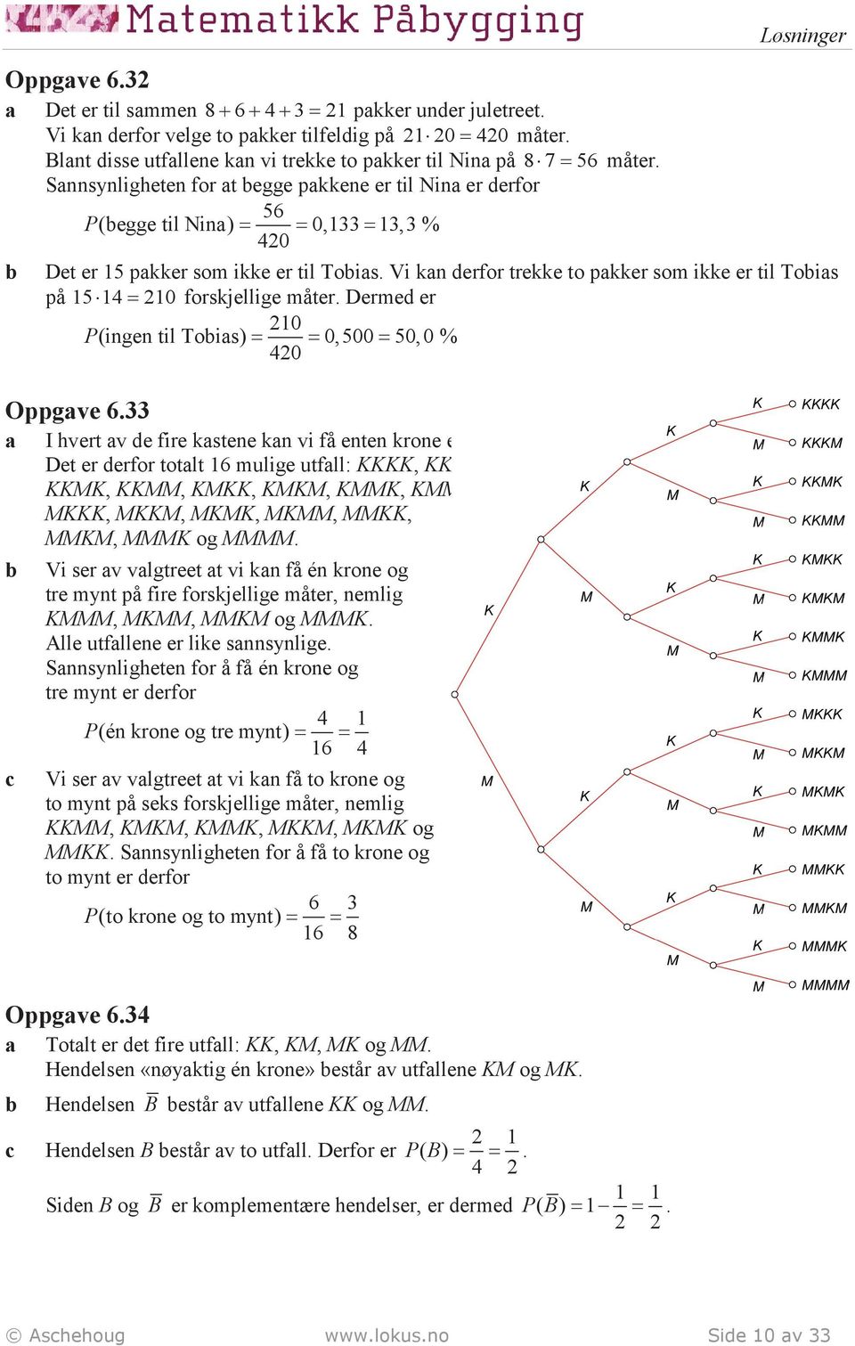 Vi kn erfor trekke to pkker som ikke er til Tois på 15 14 = 210 forskjellige måter. Derme er 210 P (ingen til Tois) = = 0,500 = 50,0 % 420 Oppgve 6.