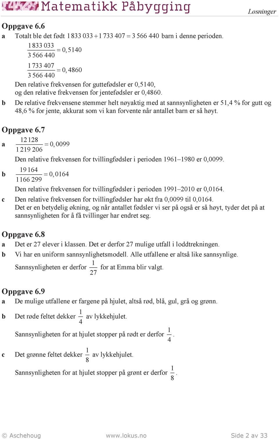 Løsninger De reltive frekvensene stemmer helt nøyktig me t snnsynligheten er 51,4 % for gutt og 48,6 % for jente, kkurt som vi kn forvente når ntllet rn er så høyt. Oppgve 6.