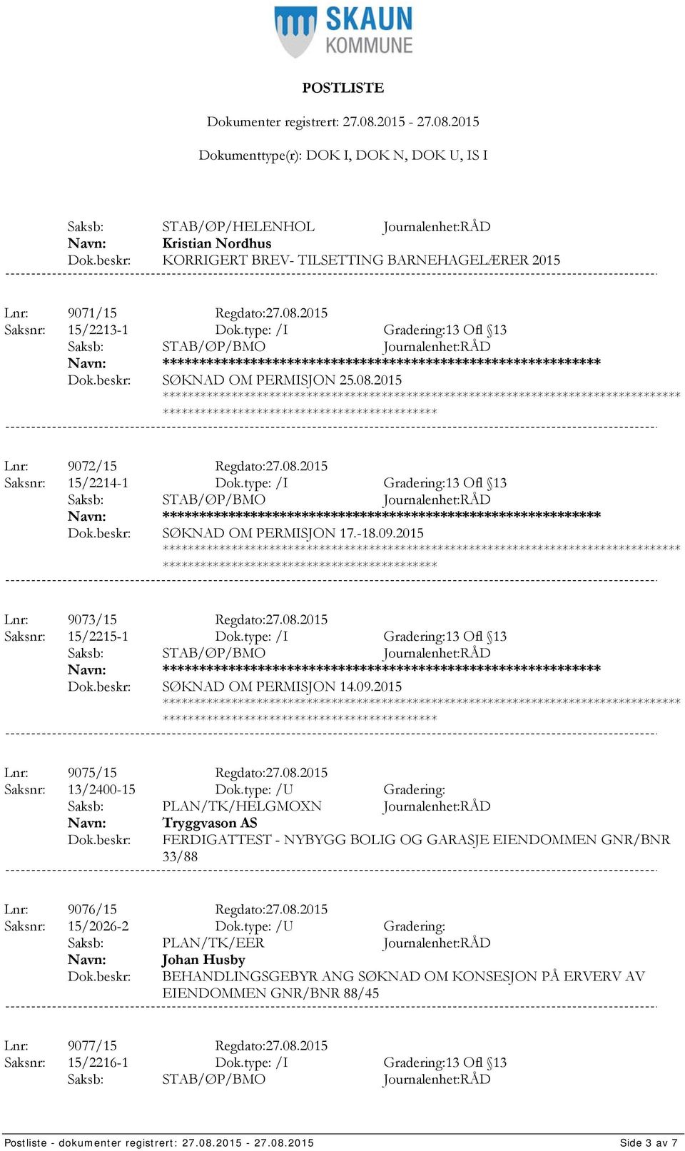 type: /I Gradering:13 Ofl 13 **************** SØKNAD OM PERMISJON 14.09.2015 *************************************** Lnr: 9075/15 Regdato:27.08.2015 Saksnr: 13/2400-15 Dok.