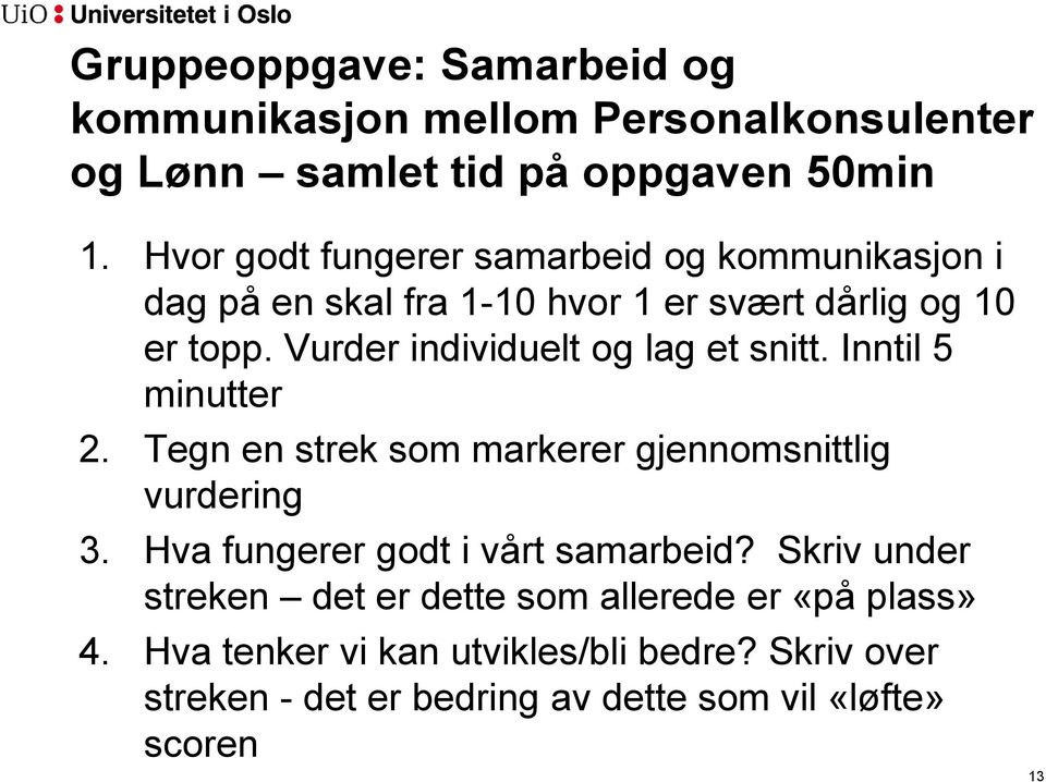 Vurder individuelt og lag et snitt. Inntil 5 minutter 2. Tegn en strek som markerer gjennomsnittlig vurdering 3.