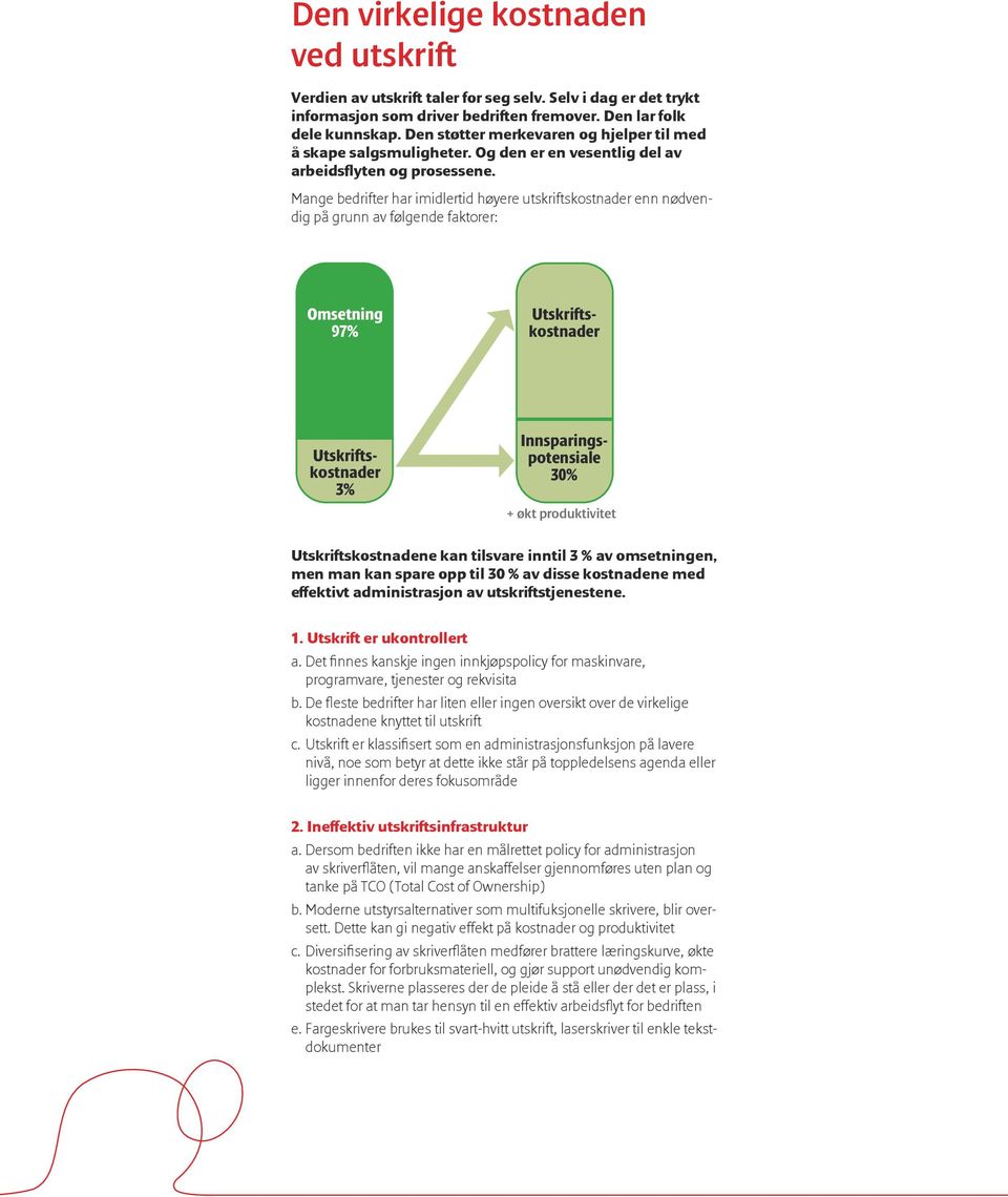 Mange bedrifter har imidlertid høyere utskriftskostnader enn nødvendig på grunn av følgende faktorer: Utskriftskostnadene kan tilsvare inntil 3 % av omsetningen, men man kan spare opp til 30 % av