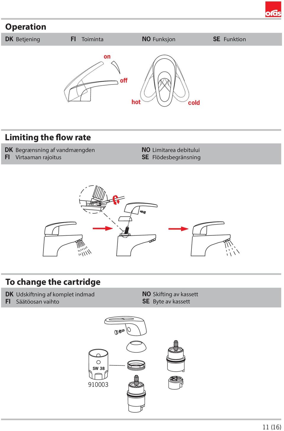debitului SE Flödesbegränsning To change the cartridge DK Udskiftning af komplet